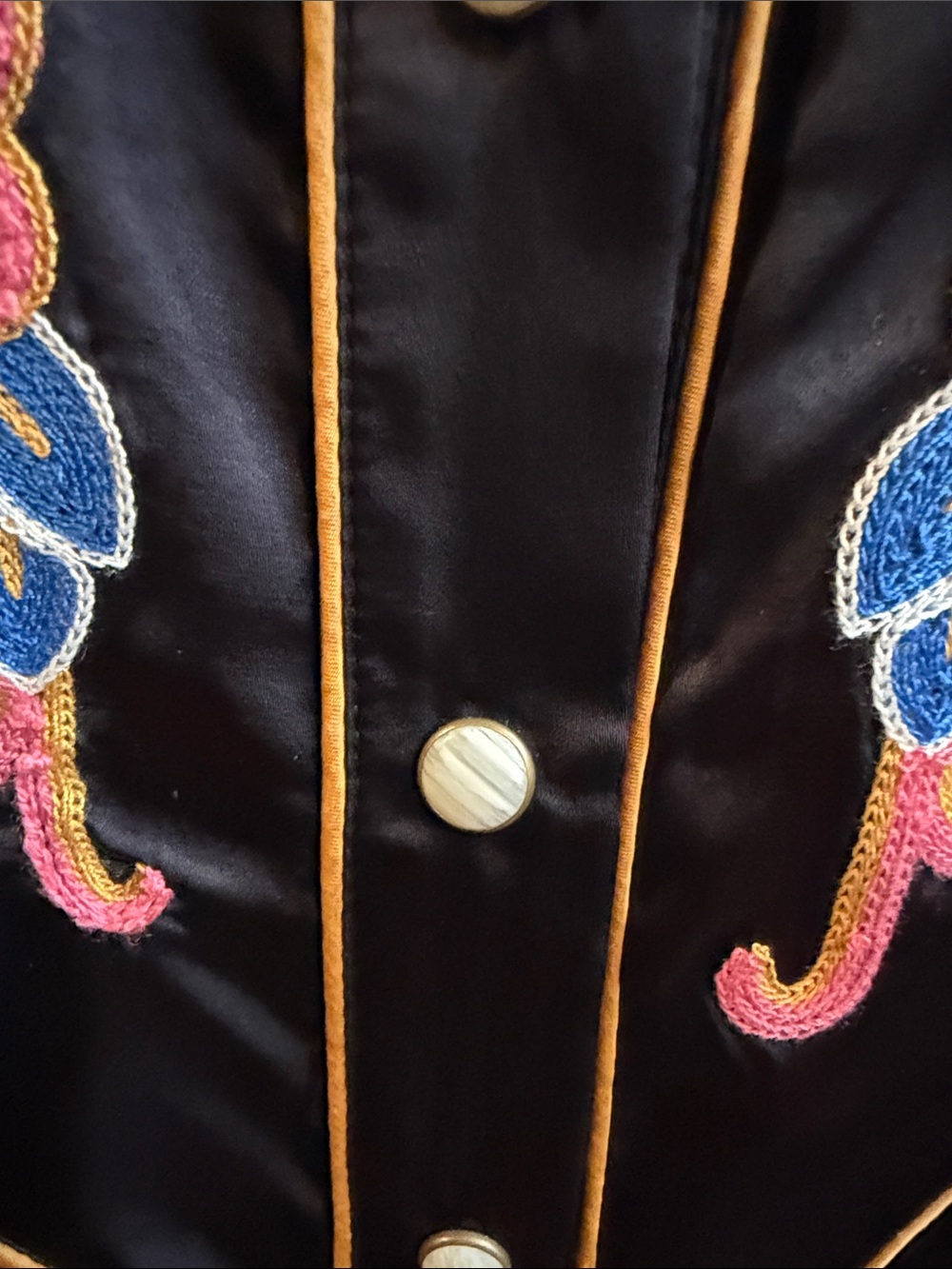 THE GREAT. Black Embroidered Silk Western Blouse with Pink Floral Accents - Picture 6 of 6